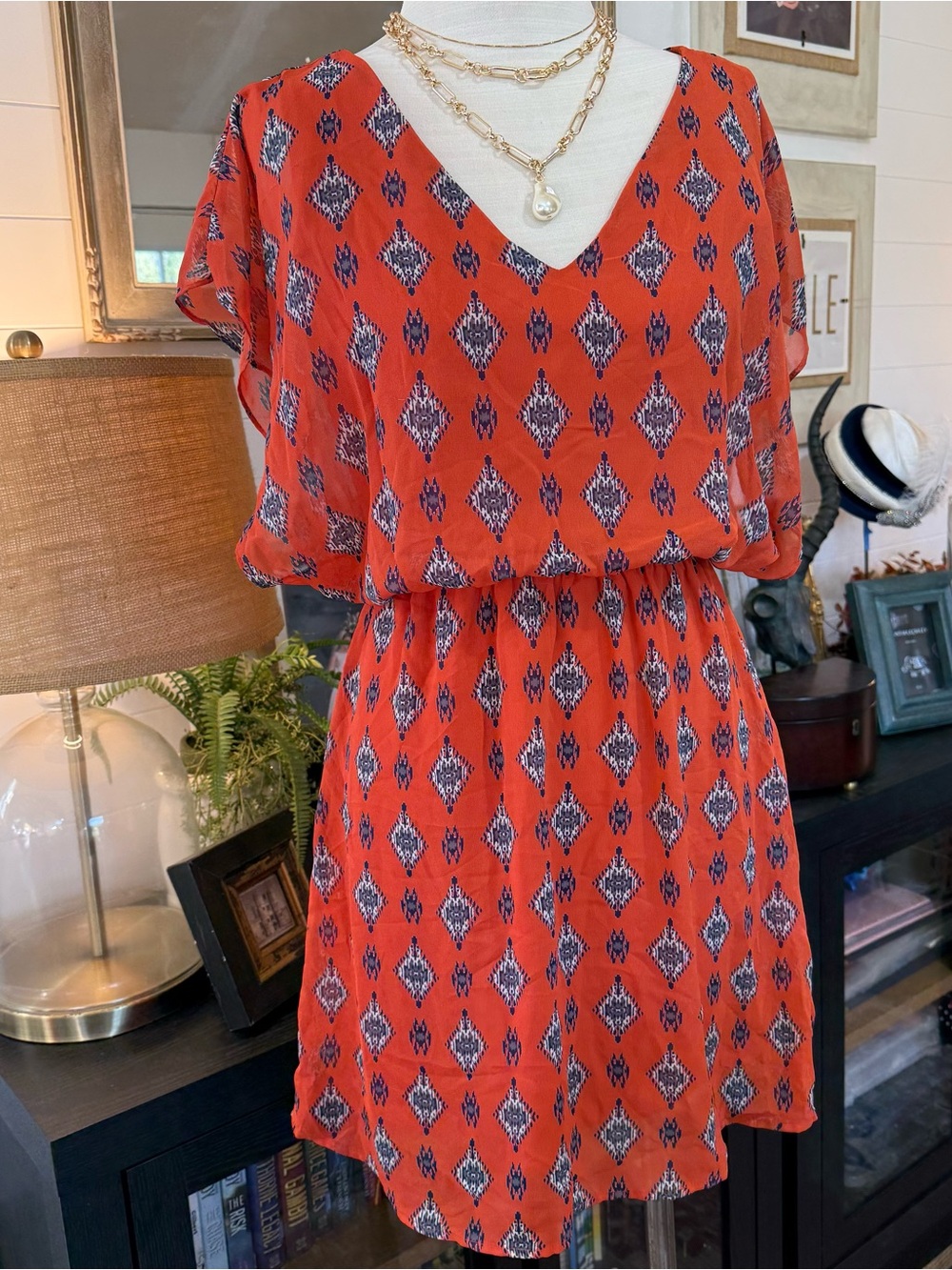 Aina Be Burnt Orange Southwestern/Geometric Printed Women's Dress Sz Small